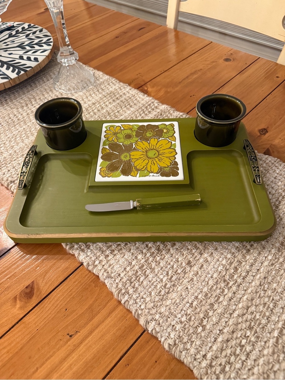MCM Georges Briard Avocado Green Cocktail Serving Tray Set Tile Cheese Knife
